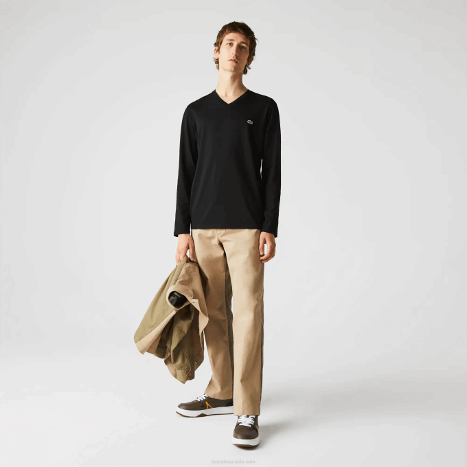 Men Lacoste V0ZN676 Black 031 V-Neck Lightweight Pima Cotton Jersey T-Shirt - Image 1