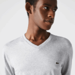 Men Lacoste V0ZN677 Grey Chine CCA V-Neck Lightweight Pima Cotton Jersey T-Shirt - Image 4