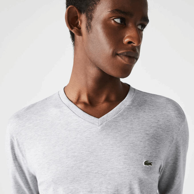 Men Lacoste V0ZN677 Grey Chine CCA V-Neck Lightweight Pima Cotton Jersey T-Shirt - Image 4