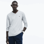 Men Lacoste V0ZN677 Grey Chine CCA V-Neck Lightweight Pima Cotton Jersey T-Shirt - Image 5