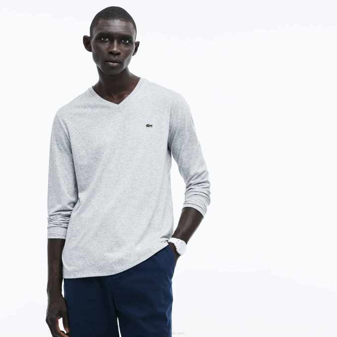 Men Lacoste V0ZN677 Grey Chine CCA V-Neck Lightweight Pima Cotton Jersey T-Shirt - Image 5