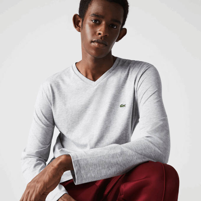 Men Lacoste V0ZN677 Grey Chine CCA V-Neck Lightweight Pima Cotton Jersey T-Shirt - Image 1