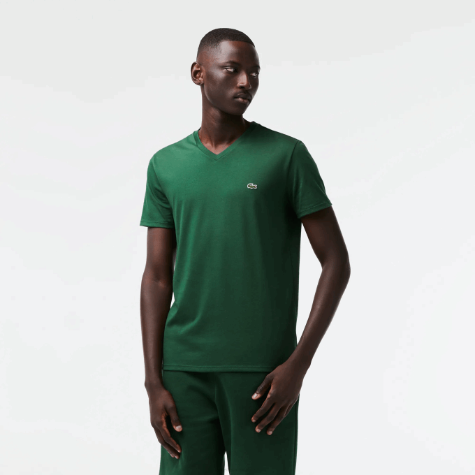 Men Lacoste V0ZN679 Green 132 V-Neck Pima Cotton Jersey T-Shirt - Image 1