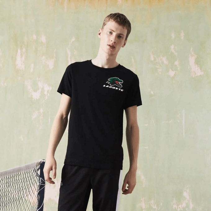 Men Lacoste V0ZN682 Black 031 SPORT Crocodile Print Tennis T-Shirt - Image 2