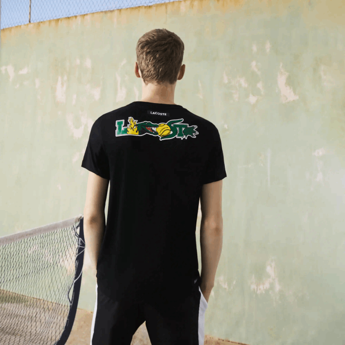 Men Lacoste V0ZN682 Black 031 SPORT Crocodile Print Tennis T-Shirt - Image 3