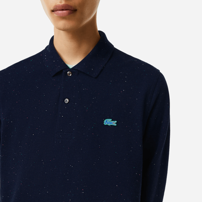 Men Lacoste V0ZN704 Navy Blue 7CG Classic Fit Speckled Print Polo - Image 4