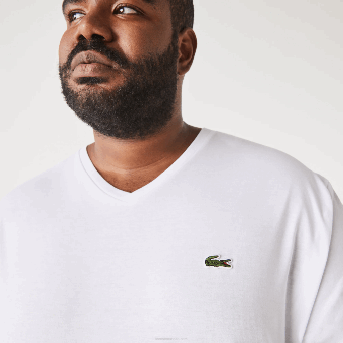 Men Lacoste V0ZN707 White 001 Regular Fit Ribbed V-Neck Cotton Polo Shirt (Plus Size) - Image 4