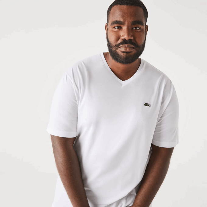 Men Lacoste V0ZN707 White 001 Regular Fit Ribbed V-Neck Cotton Polo Shirt (Plus Size) - Image 1