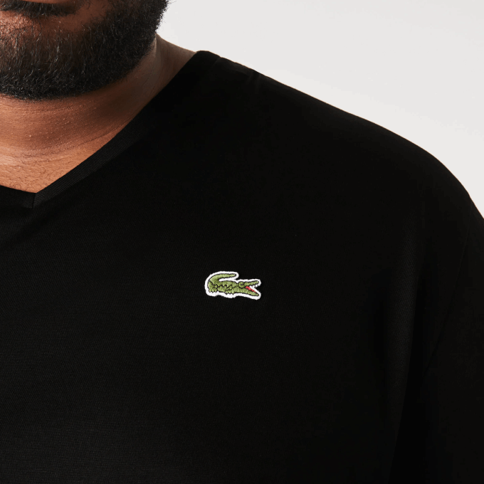 Men Lacoste V0ZN710 Black 031 Regular Fit Ribbed V-Neck Cotton Polo Shirt (Plus Size) - Image 4