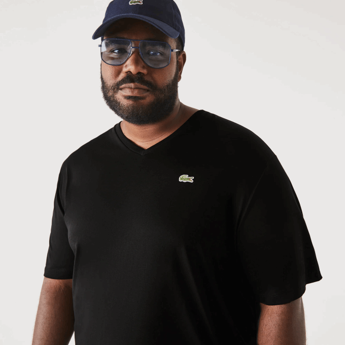 Men Lacoste V0ZN710 Black 031 Regular Fit Ribbed V-Neck Cotton Polo Shirt (Plus Size) - Image 1