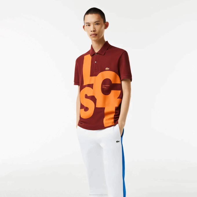 Men Lacoste V0ZN711 Bordeaux ZS1 Regular Fit Contrast Lettering Petit Pique Polo - Image 2