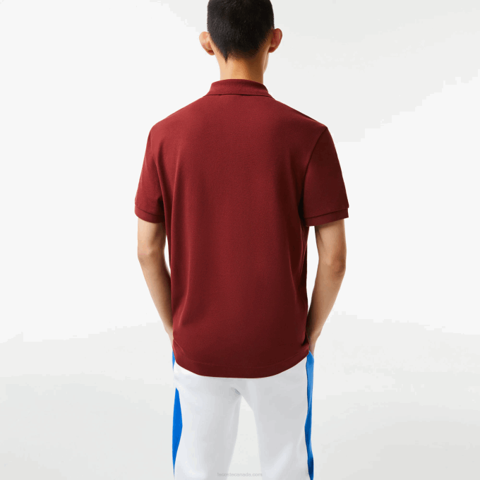 Men Lacoste V0ZN711 Bordeaux ZS1 Regular Fit Contrast Lettering Petit Pique Polo - Image 3
