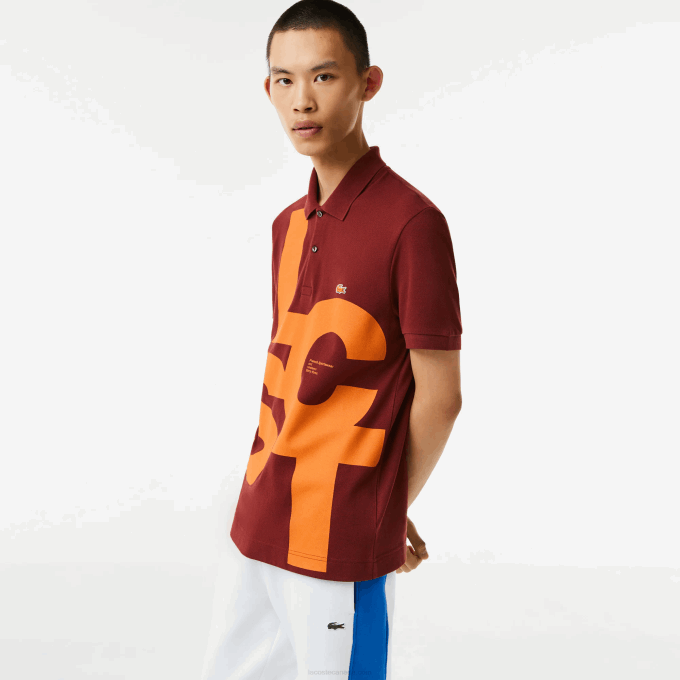 Men Lacoste V0ZN711 Bordeaux ZS1 Regular Fit Contrast Lettering Petit Pique Polo - Image 1