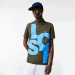 Men Lacoste V0ZN712 Khaki Green S7T Regular Fit Contrast Lettering Petit Pique Polo