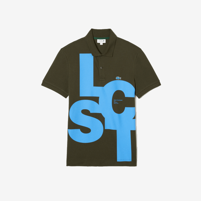 Men Lacoste V0ZN712 Khaki Green S7T Regular Fit Contrast Lettering Petit Pique Polo - Image 4