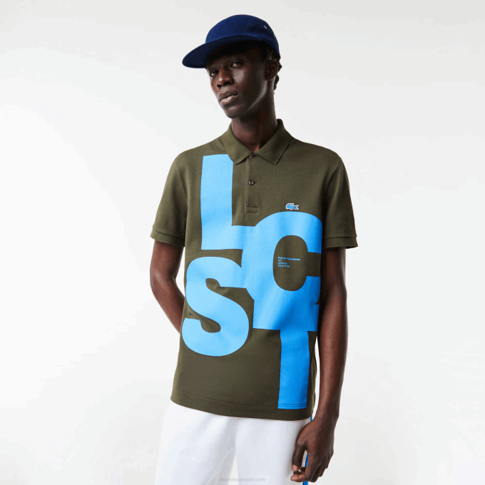 Men Lacoste V0ZN712 Khaki Green S7T Regular Fit Contrast Lettering Petit Pique Polo - Image 1