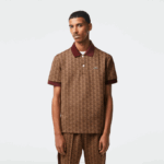 Men Lacoste V0ZN71 Beige Bordeaux MKJ Classic Fit Monogram Print Polo