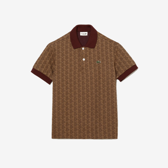 Men Lacoste V0ZN71 Beige Bordeaux MKJ Classic Fit Monogram Print Polo - Image 4