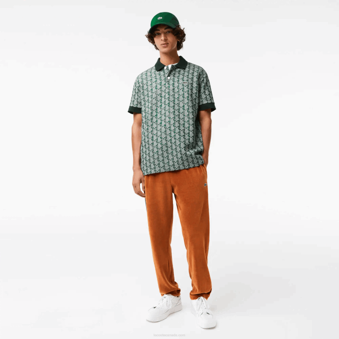 Men Lacoste V0ZN72 Green Beige 7M4 Classic Fit Monogram Print Polo - Image 2