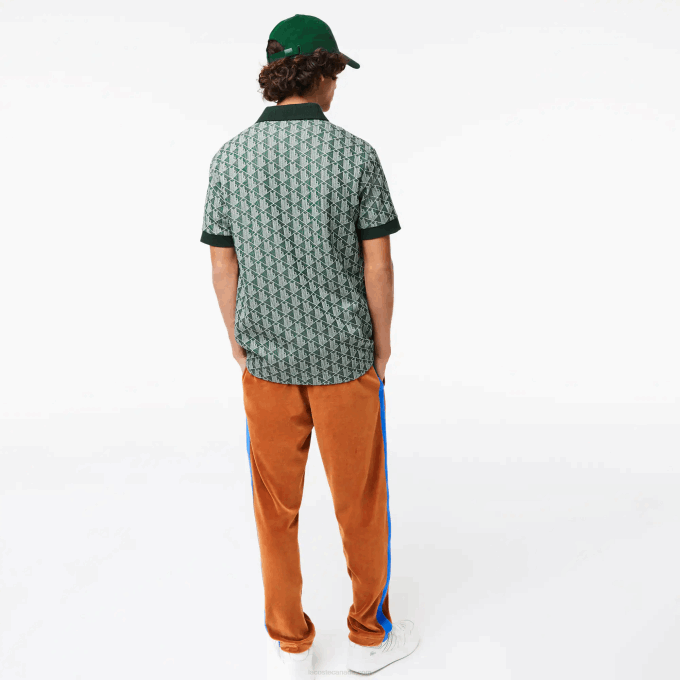 Men Lacoste V0ZN72 Green Beige 7M4 Classic Fit Monogram Print Polo - Image 3