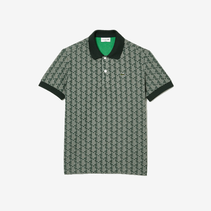 Men Lacoste V0ZN72 Green Beige 7M4 Classic Fit Monogram Print Polo - Image 4