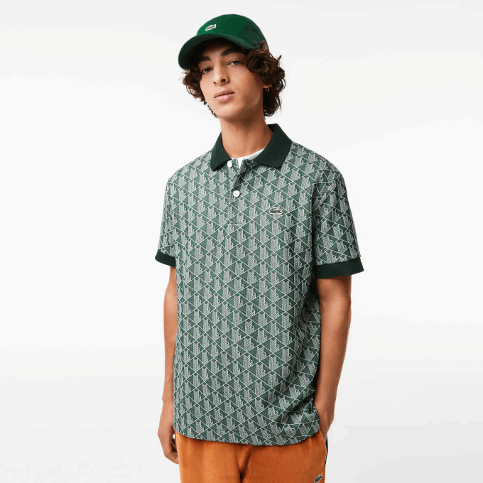 Men Lacoste V0ZN72 Green Beige 7M4 Classic Fit Monogram Print Polo - Image 1