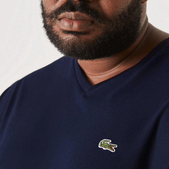 Men Lacoste V0ZN732 Navy Blue 166 Regular Fit Ribbed V-Neck Cotton Polo Shirt (Plus Size) - Image 4