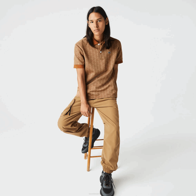 Men Lacoste V0ZN73 Beige Brown ZWM Classic Fit Monogram Print Polo - Image 2