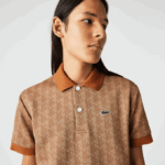 Men Lacoste V0ZN73 Beige Brown ZWM Classic Fit Monogram Print Polo