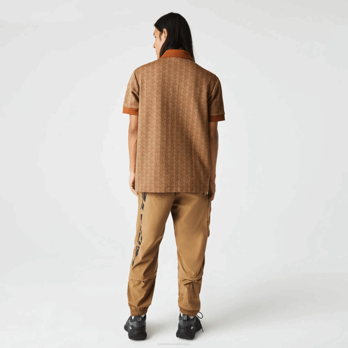 Men Lacoste V0ZN73 Beige Brown ZWM Classic Fit Monogram Print Polo - Image 3