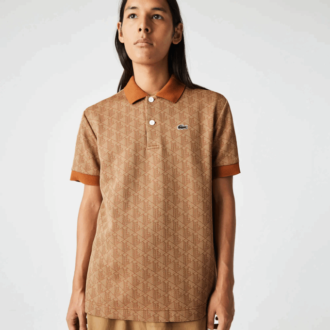 Men Lacoste V0ZN73 Beige Brown ZWM Classic Fit Monogram Print Polo - Image 6