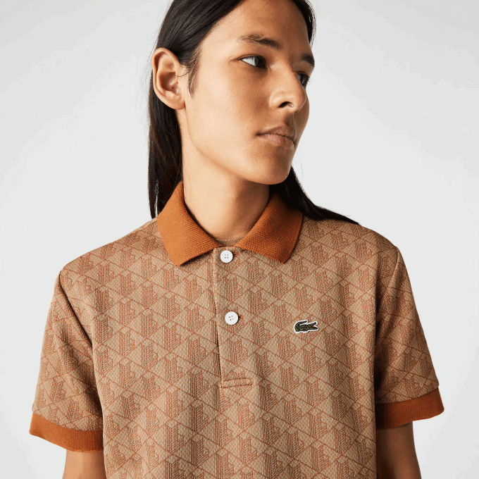 Men Lacoste V0ZN73 Beige Brown ZWM Classic Fit Monogram Print Polo - Image 1