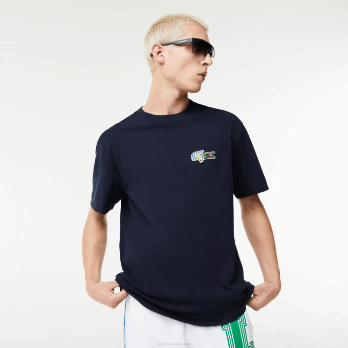 Men Lacoste V0ZN741 Navy Blue 166 Relaxed Fit Comic Effect Badge T-Shirt - Image 1