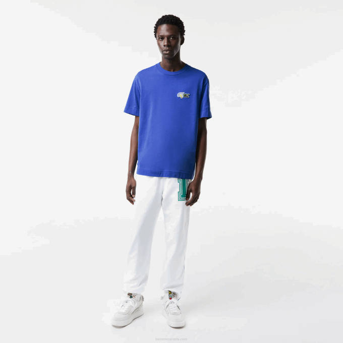 Men Lacoste V0ZN742 Blue K1Q Relaxed Fit Comic Effect Badge T-Shirt - Image 2