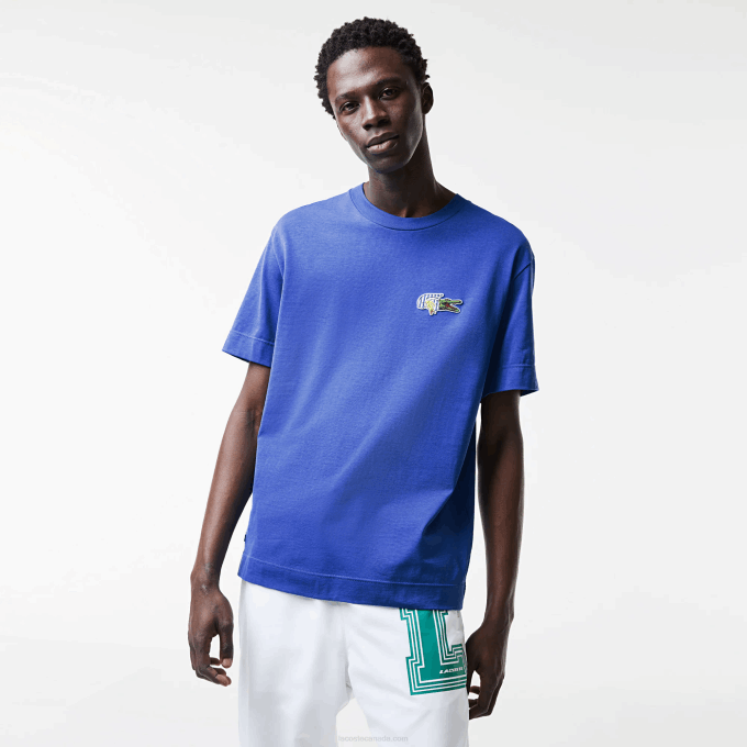 Men Lacoste V0ZN742 Blue K1Q Relaxed Fit Comic Effect Badge T-Shirt - Image 1