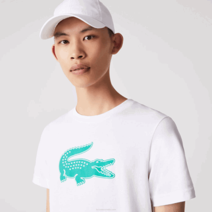 Men Lacoste V0ZN745 White Green W1J SPORT 3D Print Crocodile Breathable Jersey T-Shirt