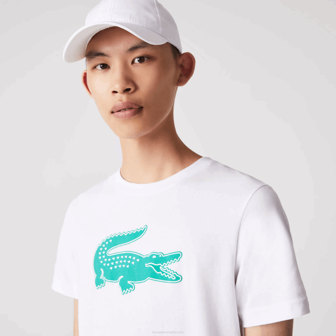 Men Lacoste V0ZN745 White Green W1J SPORT 3D Print Crocodile Breathable Jersey T-Shirt - Image 1