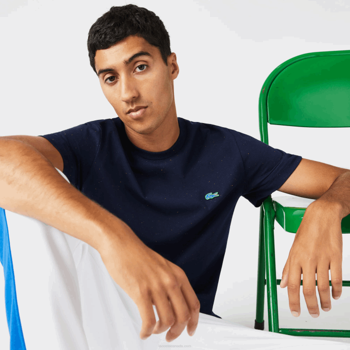 Men Lacoste V0ZN750 Navy Blue 7CG Regular Fit Speckled Print Cotton Jersey T-Shirt - Image 1