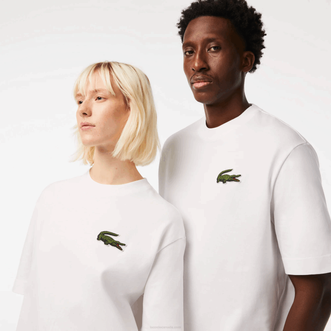 Men Lacoste V0ZN75 White 001 Loose Fit Large Crocodile Organic Cotton T-Shirt - Image 2