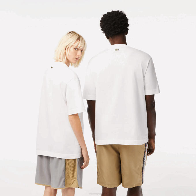 Men Lacoste V0ZN75 White 001 Loose Fit Large Crocodile Organic Cotton T-Shirt - Image 3