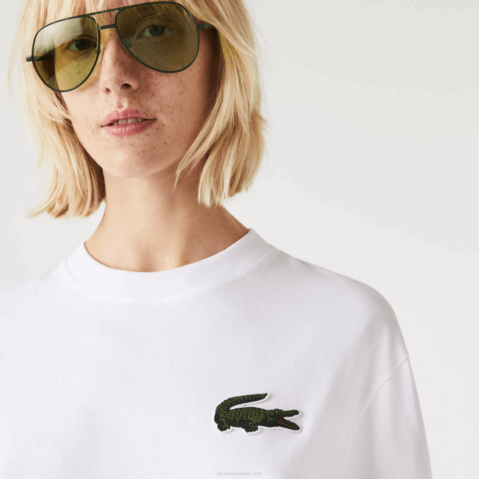 Men Lacoste V0ZN75 White 001 Loose Fit Large Crocodile Organic Cotton T-Shirt - Image 4