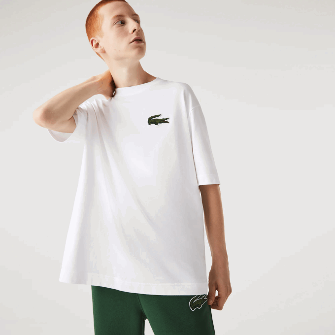 Men Lacoste V0ZN75 White 001 Loose Fit Large Crocodile Organic Cotton T-Shirt - Image 6