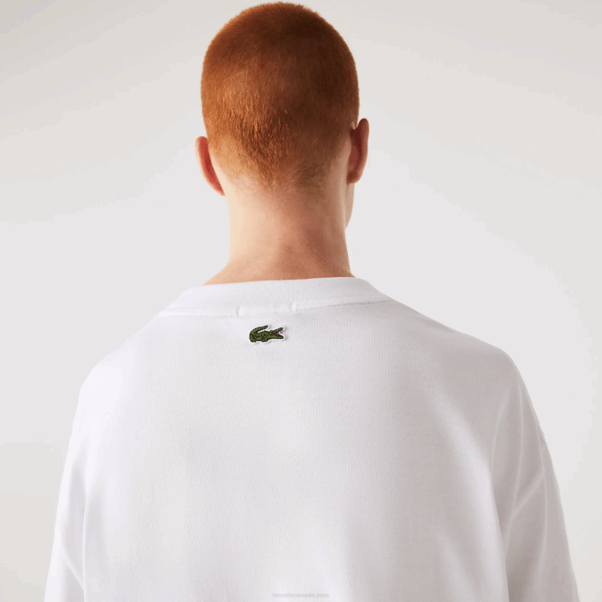 Men Lacoste V0ZN75 White 001 Loose Fit Large Crocodile Organic Cotton T-Shirt - Image 8