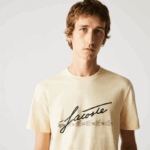 Men Lacoste V0ZN762 Yellow HBZ Signature And Crocodile Print Crew Neck Cotton T-Shirt - Image 2