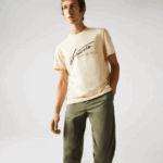 Men Lacoste V0ZN762 Yellow HBZ Signature And Crocodile Print Crew Neck Cotton T-Shirt