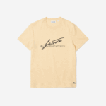 Men Lacoste V0ZN762 Yellow HBZ Signature And Crocodile Print Crew Neck Cotton T-Shirt - Image 4