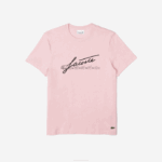 Men Lacoste V0ZN763 Pink HCQ Signature And Crocodile Print Crew Neck Cotton T-Shirt
