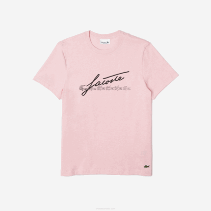Men Lacoste V0ZN763 Pink HCQ Signature And Crocodile Print Crew Neck Cotton T-Shirt
