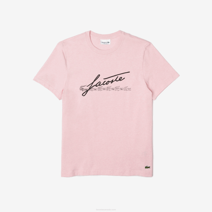 Men Lacoste V0ZN763 Pink HCQ Signature And Crocodile Print Crew Neck Cotton T-Shirt - Image 1