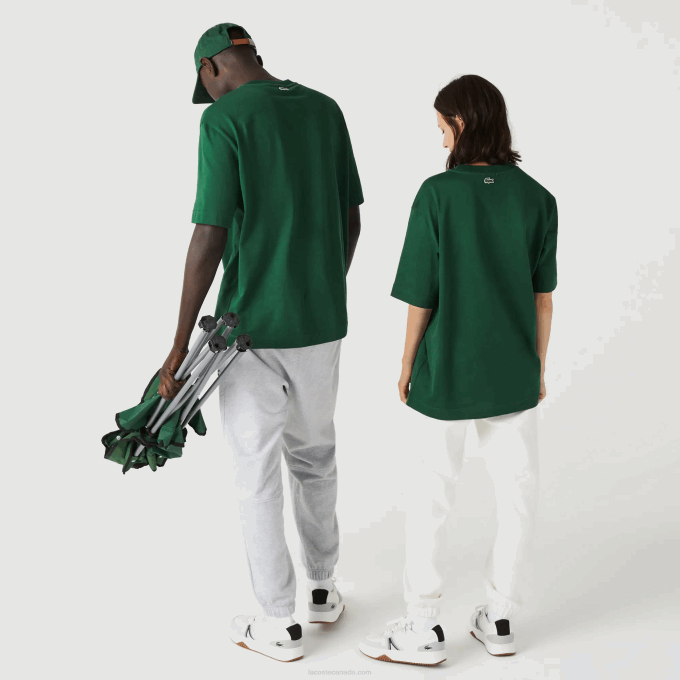 Men Lacoste V0ZN77 Green 132 Loose Fit Large Crocodile Organic Cotton T-Shirt - Image 3